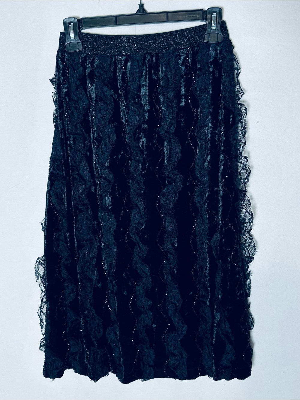 Goth Steampunk Black Textured Crushed Velvet Lace Midi Skirt S Fairy Grunge